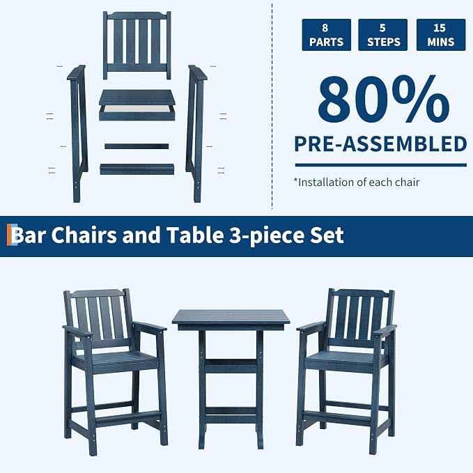 Garvee 3-Piece Outdoor Adirondack Bar Set, Patio Bar Table with 2 Bar Chairs, HDPE All-Weather Patio Bar Furniture Set with Umbrella Hole, for Balcony, Backyard, Poolside, Bistro