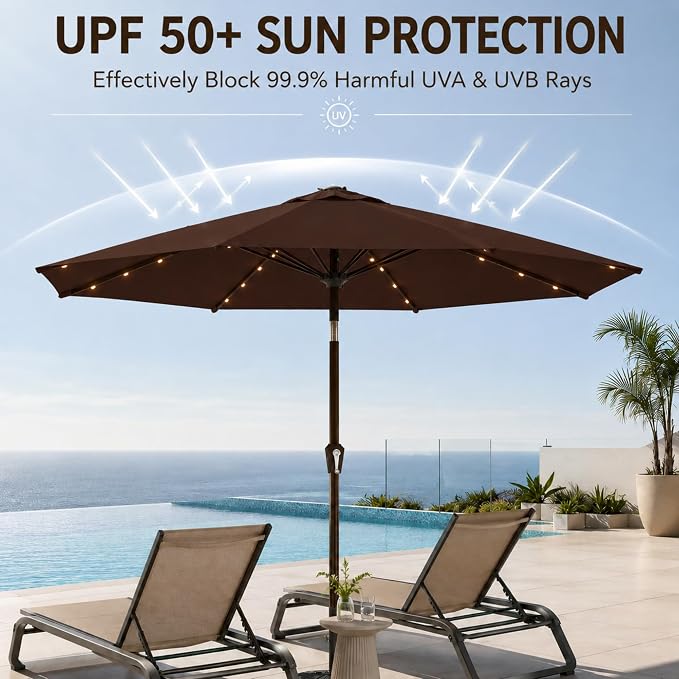 10FT Solar Lighted Patio Umbrella, Outdoor Table Market Umbrellas with Push Button Tilt and Crank, 32 LED Lights, 8 Sturdy Ribs, UV-Resistant for Deck, Garden, Pool
