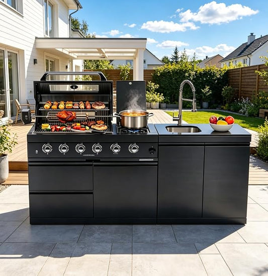 Outdoor Kitchen Natural Gas Grill Island,4-Burner 72,000 BTU Stainless Steel BBQ Grill with Infrared Rotisserie,Side Burner,Granite Countertop,Sink & Storage Cabinet.(Black+79 in)