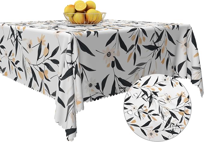 Floral Square Tablecloth Black and Yellow Leaves Flowers Table Cloth Perfect for Spring Home Decor 60x60 Inch Botanical Waterproof Resistant Table Cover for Kitchen Dining Room