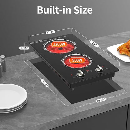 2 Burner Electric Cooktop - 12 Inch Electric Stove Top with Plug, 2100W Countertop Burners & Built-In Stove Top, 9 Levels of Power, Knob Control, Timer & Kid Safety Lock, Residual Heat Warning