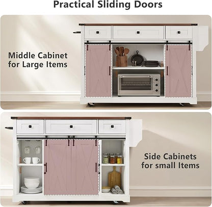 Merax Farmhouse 58 inch Kitchen Island on 5 Wheels with Drop Leaf Table, Power Outlet & Glass Holders, Wood Kitchen Rolling Cart with Spice Rack & Sliding Barn Door, 3 Drawers & Cabinet, White