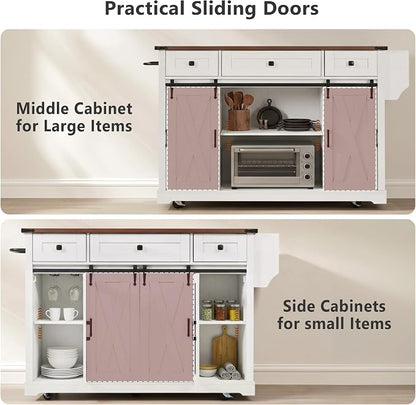 Bellemave 58" Farmhouse Kitchen Island cart with Charging Station and with Storage, Sliding Barn Door & Metal Grid Side Door, Rolling Kitchen Island Table with 5 Wheels with Spice Rack, White
