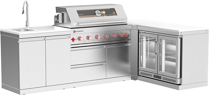 SERA C 6-Burner Propane L-Shape Outdoor Kitchen with 115L Fridge | 87,900 BTU + infrared, storage drawers, 90° corner creates L-shape, 304 SS, soft-close, locking casters, patio organizing