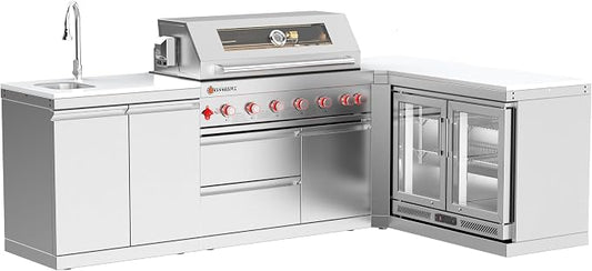 SERA C 6-Burner Propane L-Shape Outdoor Kitchen with 115L Fridge | 87,900 BTU + infrared, storage drawers, 90° corner creates L-shape, 304 SS, soft-close, locking casters, patio organizing