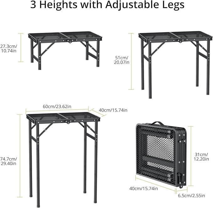 Anbte 2ft Folding Grill Table Max 29.5", 3 Adjustable Height Lightweight Camping Table with Heat-Resistant Mesh Tabletop Portable Handle, Waterproof, for Cooking BBQ Outdoor, 22.8" X 16", Black
