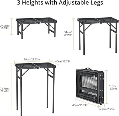 Anbte 2ft Folding Grill Table Max 29.5", 3 Adjustable Height Lightweight Camping Table with Heat-Resistant Mesh Tabletop Portable Handle, Waterproof, for Cooking BBQ Outdoor, 22.8" X 16", Black