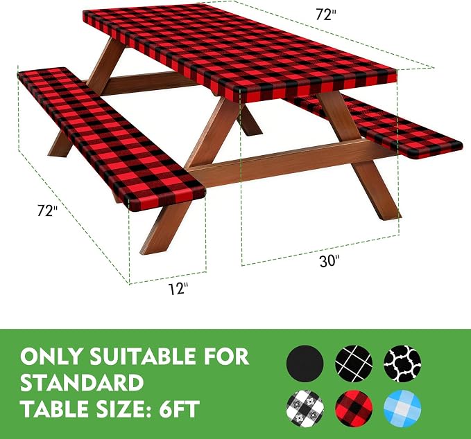 Picnic Table Cover with Bench Covers, Waterproof Tablecloth Set, Red Grid | Fitted 6ft Tables, for Outdoor Camping, RV, Includes 1 Table Cover(30"x72"), 2 Bench Covers(72"x12"), Drawstring Storage Bag