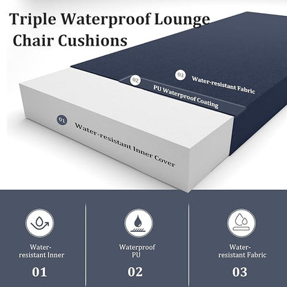 Chaise Lounge Cushions Outdoor Set of 2 Lounge Chair Cushion 80" L x 26" W with Headrest Straps 3'' Thick Waterproof PU Patio Chaise Cushions Pool Lounger Chair Cushion(Navy Blue)
