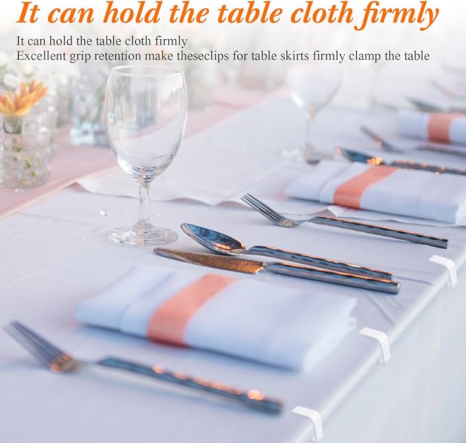 Yerliker 60 Pcs White Table Skirting Clips with Hook and Loop Plastic Tablecloth Clips for Meeting Party Indoor Outdoor Events