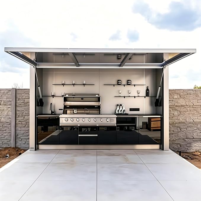 Luxury Outdoor Kitchen Pod, Modular BBQ Island for Backyard Patio Cooking | Prefab Modular Outdoor Kitchen Kits with Sink, 4 Burner Grill, Storage Cabinet, Refrigerator for Entertaining