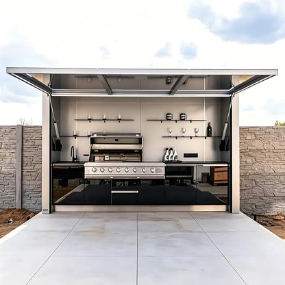 Luxury Outdoor Kitchen Pod, Modular BBQ Island for Backyard Patio Cooking | Prefab Modular Outdoor Kitchen Kits with Sink, 4 Burner Grill, Storage Cabinet, Refrigerator for Entertaining