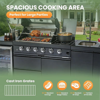 98" Rolling Outdoor Kitchen Island with Built-In 4 Burners 72,000 BTU Stainless Steel Gas Grill Featuring Rotisserie Oven,Granite Countertops,Beverage Fridge,Sink. (Black + Fridge + Sink, Propane Gas)