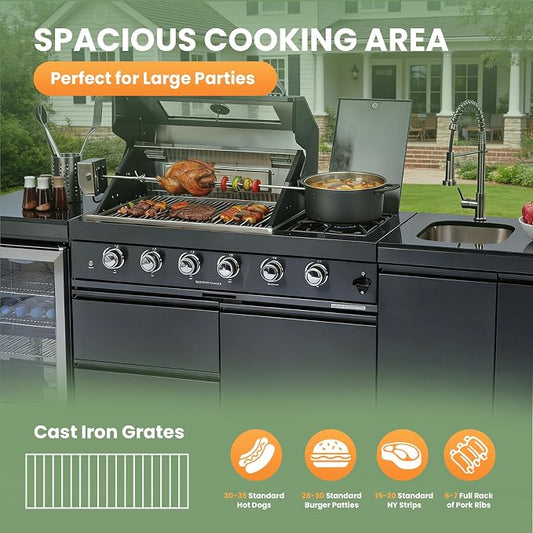 98" Rolling Outdoor Kitchen Island with Built-In 4 Burners 72,000 BTU Stainless Steel Gas Grill Featuring Rotisserie Oven,Granite Countertops,Beverage Fridge,Sink. (Black + Fridge + Sink, Propane Gas)
