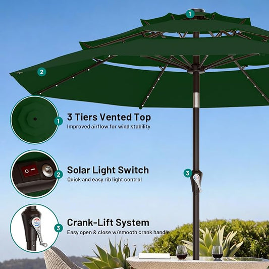 AreShark 9ft 3 Tiers Patio Umbrella with Solar Lights, Outdoor Umbrella w/ 32 LED Lights&8 Sturdy Ribs, Table Umbrella for Deck, Backyard, Pool (Dark Green)