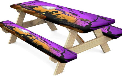 Halloween Picnic Table and Bench Fitted Tablecloth Cover, Pumpkins Ghost Waterproof Table Cover, 28x72 Inch, 3 Pieces Set, Outdoor Fitted Tablecloth for Camping Patio Park, Purple Orange