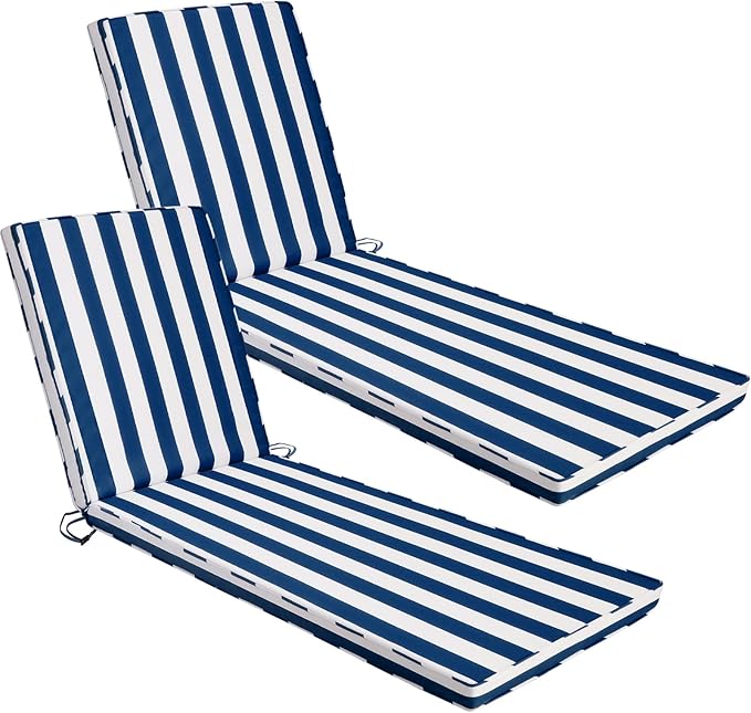 Chaise Lounge Cushions Outdoor Set of 2, 72"x22"x3" Patio Lounge Chair Furniture Cushions with Washable Covers for Pool, Patio, Lawn (Blue+White Stripes, 2 Pcs)