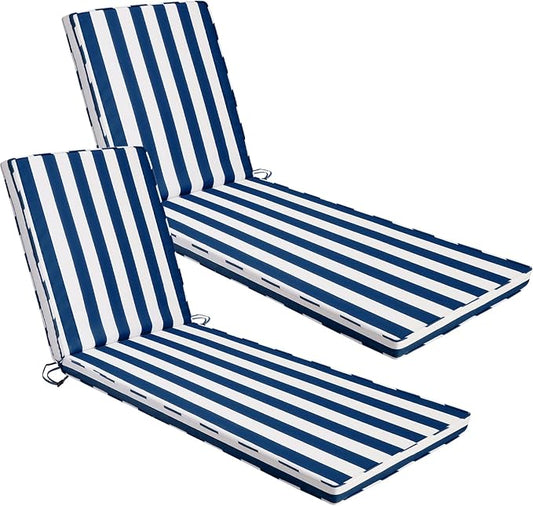 Chaise Lounge Cushions Outdoor Set of 2, 72"x22"x3" Patio Lounge Chair Furniture Cushions with Washable Covers for Pool, Patio, Lawn (Blue+White Stripes, 2 Pcs)