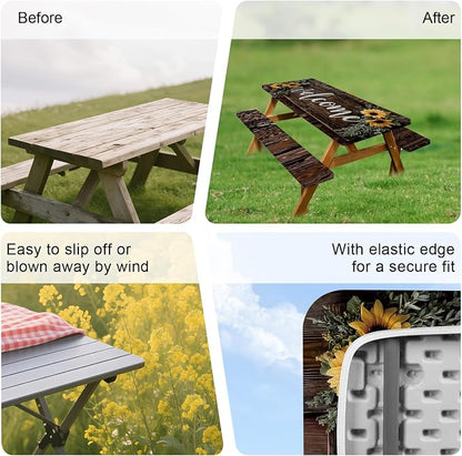 FOREVER QUEEN Picnic Table Cover with Bench Covers 72in,Waterproof Windproof Fitted Tablecloth,Spring Sunflower Welcome Print Camping Essentials with Drawstring Bag for Patio,Park & Backyard