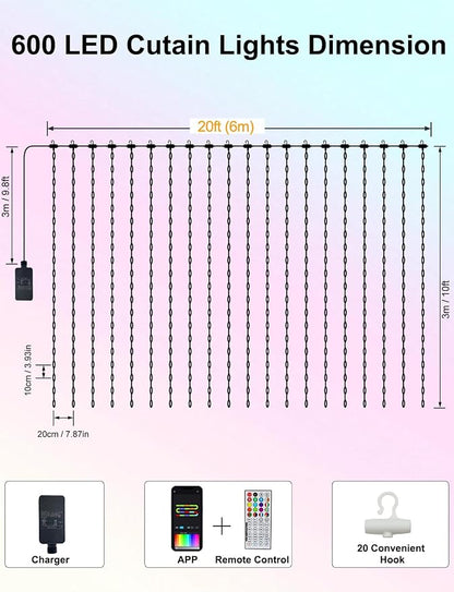 echosari 20Ft x 10Ft Smart Curtain Lights Compatible with Alexa | 600 LED Curtain Lights App Control Dynamic for Backyard Home Wedding Party Christmas Decor - RGB Color Changing IC