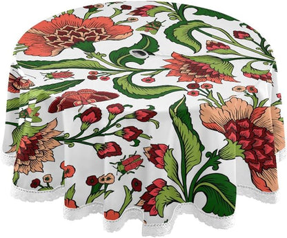 Vintage Red Floral Round Tablecloth 60" Waterproof Spillproof Polyester Fabric Table Cover with Zipper Umbrella Hole for Outdoor Patio Garden Dining Party