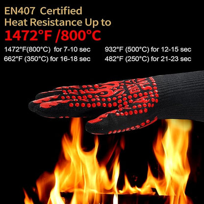 BBQ Gloves - Ideal for Outdoor Grill Gloves- Cooking Glove Heat Resistant up to 1472℉ Grilling Glove Extended Wrist for Additional Safety, Oven Glove/Kitchen Gloves for Oven- Women/Men Dad for Gifts