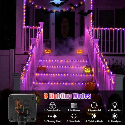 YEGUO 4 Pack Halloween Solar Fairy Lights, Each 33ft 100 LED Orange and Purple Christmas Lights Outdoor Waterproof, 8 Modes Sliver Wire Solar String Lights