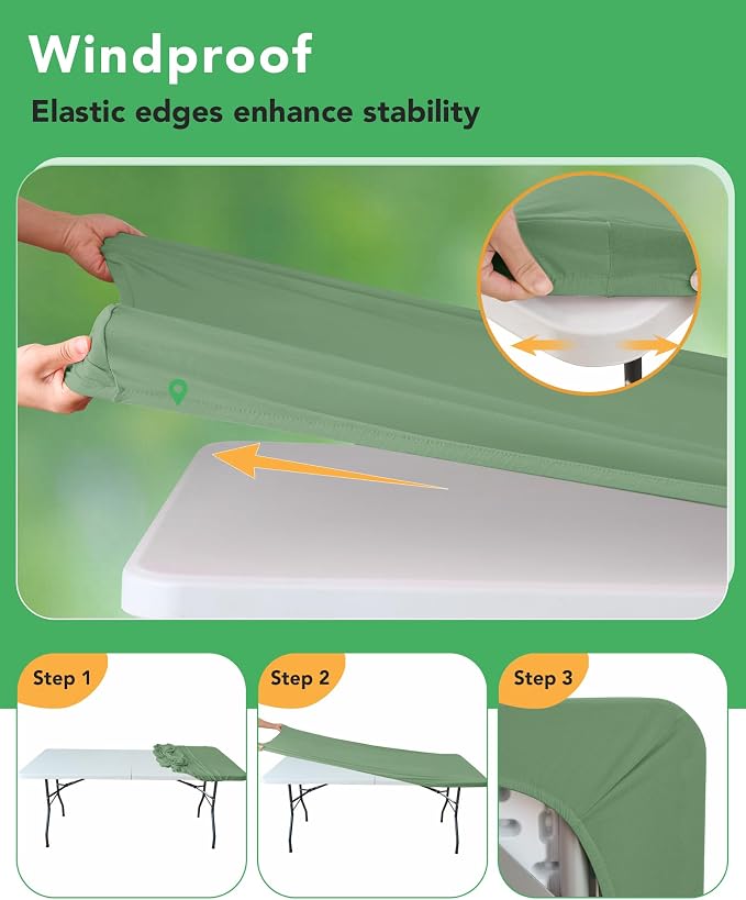 Fitted Tablecloth Rectangle Table Cloths with Elastic, 8 ft, Sage, 6 Pack | For Outdoor Picnic Camping Party 8 foot Folding Spandex Table Covers, Water-Resistant, Windproof, Reusable, 96"L x 30"W