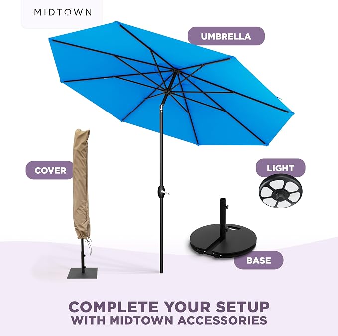 Midtown Umbrellas - 10-Year-No-Fade 8 Ft Patio Umbrella with Terylast Fabric, Auto-Tilt Aluminum Frame and 8 Reinforced Ribs for Deck, Pool, Garden & Beach - Cobalt Blue Canopy, Black Pole