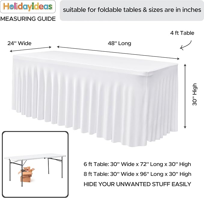 2 Pack White Spandex Table Covers 4ft Rectangle Ruffle Skirts for Party | Elastic Table Covers 4 Foot, Pleated Fitted Table Cloths, Wrinkle Resistant Elegant Table Skirts Wedding, Banquets