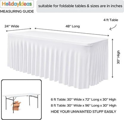 2 Pack White Spandex Table Covers 4ft Rectangle Ruffle Skirts for Party | Elastic Table Covers 4 Foot, Pleated Fitted Table Cloths, Wrinkle Resistant Elegant Table Skirts Wedding, Banquets