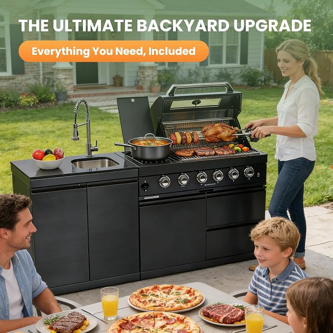 79" Rolling Outdoor Kitchen Island with Built-In 4-Burner 72,000 BTU Stainless Steel Propane Grill & Rotisserie Oven, Featuring Granite Countertops and Stainless Steel Sink.(Black + Sink, Propane Gas)