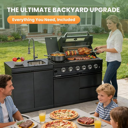 79" Rolling Outdoor Kitchen Island with Built-In 4-Burner 72,000 BTU Stainless Steel Propane Grill & Rotisserie Oven, Featuring Granite Countertops and Stainless Steel Sink.(Black + Sink, Propane Gas)