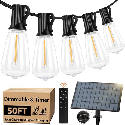 50 FT Solar Powered Outdoor String Lights with 26 Shatterproof Edison Bulbs | Solar String Lights for Outside, Dimmable Patio Lights Waterproof with Remote Timer for Wedding Backyard(Warm White)
