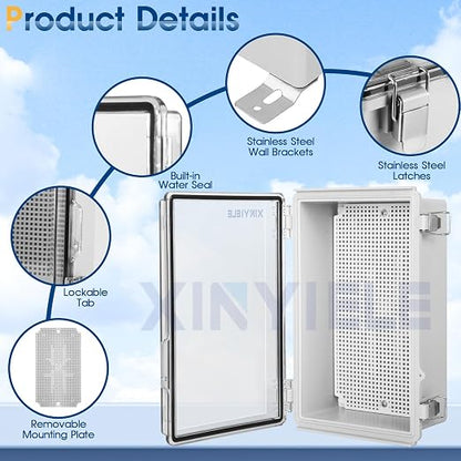 Waterproof Outdoor Project ABS Plastic Junction Box IP67 Weatherproof Dustproof Enclosure with Hinged Cover, Mounting Plate,Wall Brackets for Power Project (Clear,10.2"X6.3"X3.9")