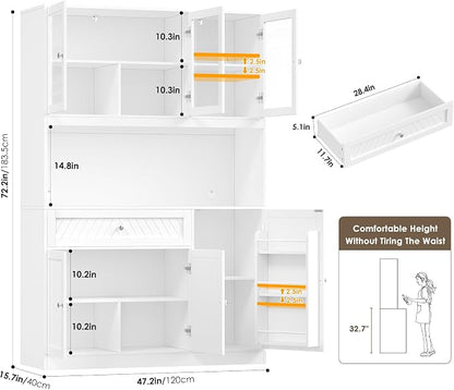 BOTLOG 72” Tall Kitchen Pantry Storage Cabinet with Painted Strip Door | Modern White Kitchen Hutch with Large Storage Drawer, Countertop, Adjustable Shelves for Dining Room, Living Room