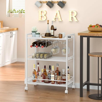 Joaxswe Bar Cart,3-Tier Home Bar Serving Cart with Lockable Wheels,White | Microwave Cart,Mobile Kitchen Shelf,Rolling Beverage Cart with Wine Rack and Glass Holder for Kitchen,Dinning Room