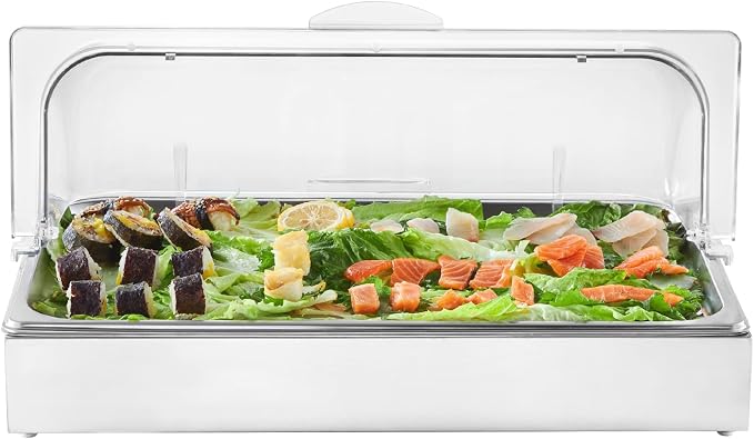 VEVOR Countertop Food Serving Display Container, 1 x 1 Pan Stainless Steel Food Serving Tray, Buffet Condiment Dispenser Display Rack with Clear Lid & 3 Ice Trays, for Restaurant Hotel Kitchen Party