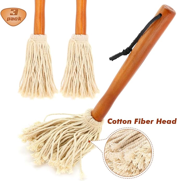12" BBQ Sauce Basting Mops & Brushes for Roasting or Grilling, Apply Barbeque, Marinade or Glazing, Cotton Fiber Head and Hardwood Handle, Dish Mop Style, Perfect for Cooking or Cleaning - Pack of 3