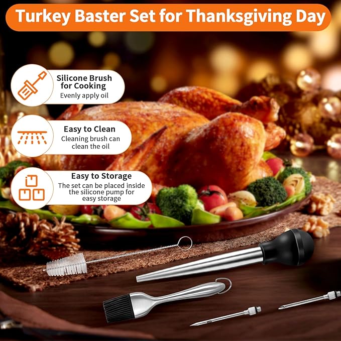 Stainless Steel Turkey Baster, Turkey Basters for Cooking, Turkey Baster Sets -Syringe, 2 Detachable Marinade Injector Needles, Cook and Cleaning Brush, for Flavor Meat Poultry, Beef & Chicken Cooking