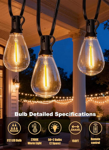 150FT Outdoor String Lights Waterproof, 50+2 Shatterproof S11 LED Bulbs, Extra Long Patio Lights for Outside, Bistro Cafe Decor, Backyard Garden Hanging Lights, Outside Fence Light String