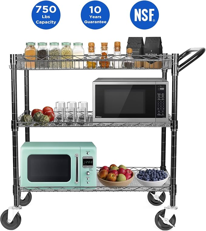 Heavy Duty 3 Tier Utility Cart,Wire Rolling Cart with Wheels, Commercial Grade Service Cart with Shelving Liners and Handle Bar Metal Carts for Kitchen Office Hardware