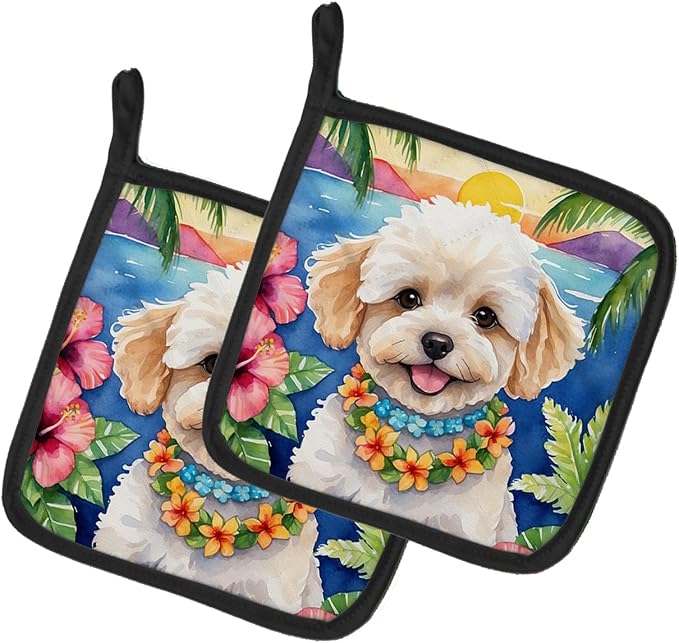 Caroline's Treasures Maltipoo Luau Pair of Pot Holders Kitchen Heat Resistant Pot Holders Sets Oven Hot Pads for Cooking Baking BBQ, 7 1/2 x 7 1/2