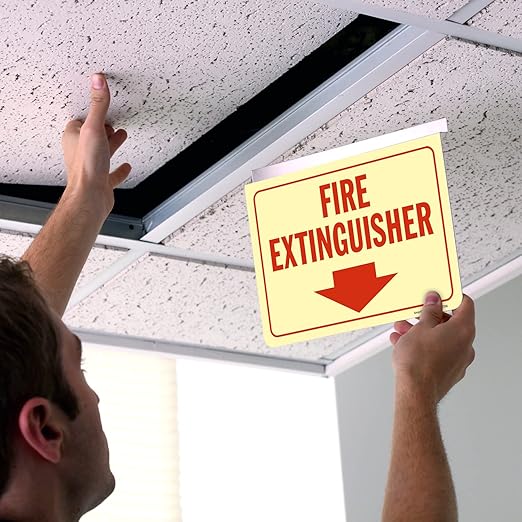 SmartSign "Fire Extinguisher" Two-Sided Drop Ceiling Z Sign with Down Arrow, 7 x 10 inch, 35 mil Aluminum Sign, Hang/Suspend from Ceiling Tile, Red/White, Made in USA