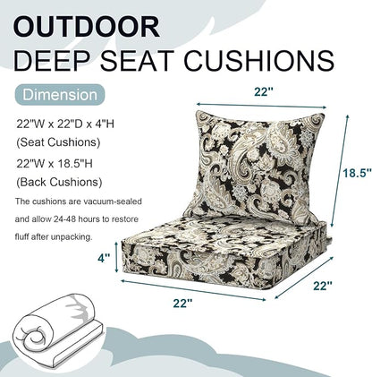 DYTXIII Outdoor Deep Seat Cushion Set, Water Repellent 22"x22" Patio Thick Cushions Replacement with Seat & Back Pillow for Patio Sofa, Wicker Chair, Couch - Paisley Black
