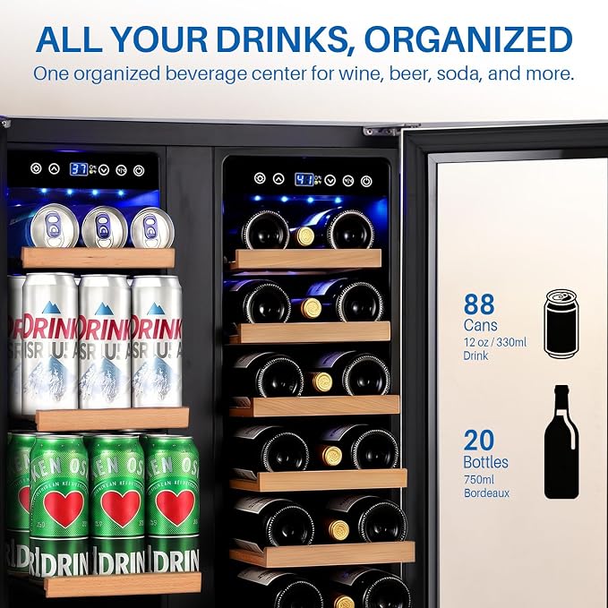 24 Inch Wine and Beverage Refrigerator Dual Zone Wine Fridge Beverage Cooler Large Capacity Holds 88 Cans and 20 Bottles, Built-In or Freestanding with Glass Door for Kitchen, Home Bar