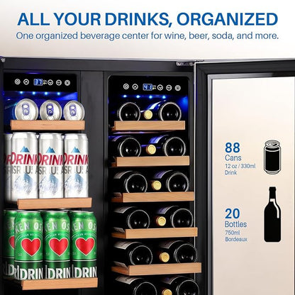 24 Inch Wine and Beverage Refrigerator Dual Zone Wine Fridge Beverage Cooler Large Capacity Holds 88 Cans and 20 Bottles, Built-In or Freestanding with Glass Door for Kitchen, Home Bar