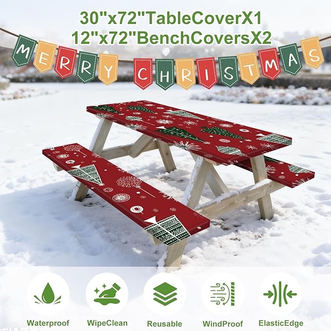 Christmas Picnic Table Cover with Bench Covers Set, Elastic Fitted Tablecloth for Outdoor Wooden Tables, Red Holiday Pattern with Christmas Trees and Snowflakes, Durable and Easy to Clean