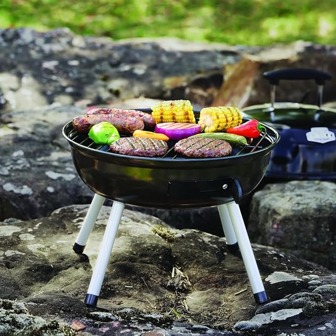 compact portable charcoal grill, outdoor picnic charcoal barbecue, small charcoal grill for camping，14.5-inch，black