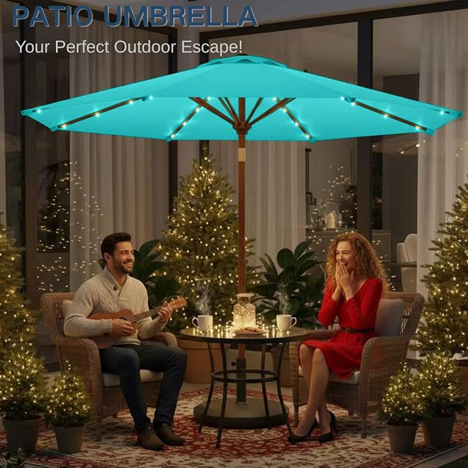 9' Solar LED Patio Umbrella with Tilt & Crank|8 Sturdy Ribs,UV Protection,Outdoor Market Table Umbrella for Deck,Lawn,Pool,Backyard(Peacock Blue)